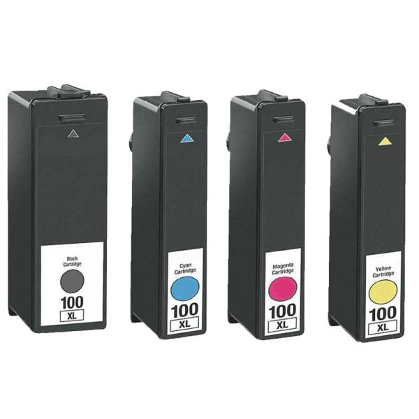 Set of 4 Compatible Lexmark 100XL Ink Cartridges: Black, Cyan, Magenta and Yellow