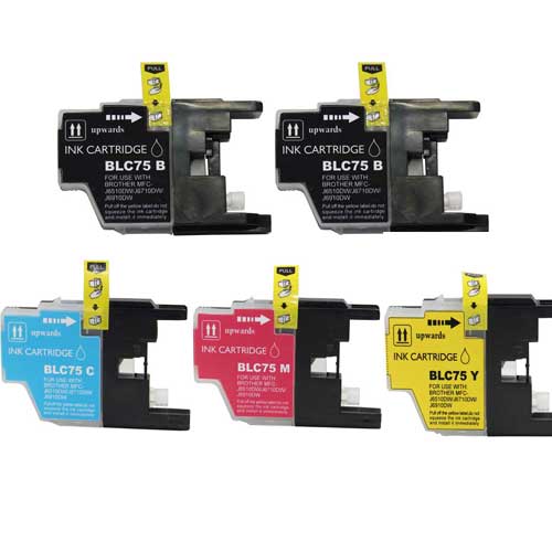 Compatible Set of 5 for Brother LC75: 2 Black and 1 each Magenta, Cyan, Yellow cartridges