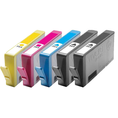 Set of 5 Remanufactured HP 564 Ink Cartridges - 1 Each Black, Cyan, Magenta, Yellow, Photo Black