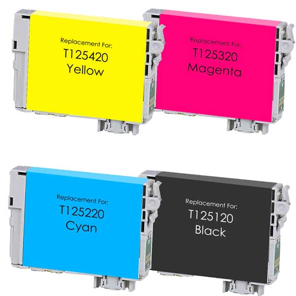 Set of 4 Remanufactured Epson T125 Ink Cartridges - 1 each Black, Cyan, Magenta, Yellow