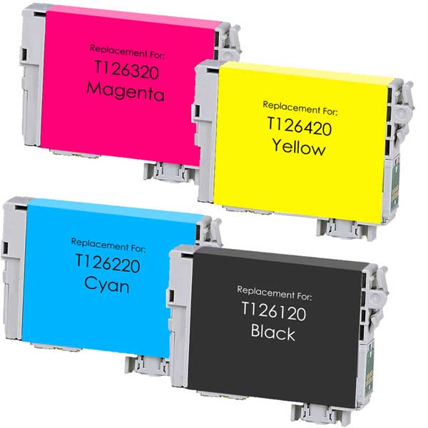 Set of 4 Remanufactured Epson T126 Ink Cartridges - 1 each Black, Cyan, Magenta, Yellow