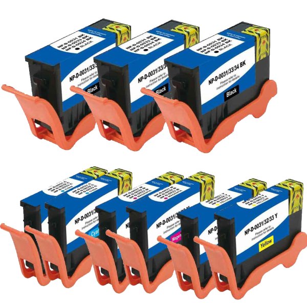 Compatible Set of 9 for Dell Series 33/34: 3 Black and 2 each Magenta, Cyan, Yellow Cartridges
