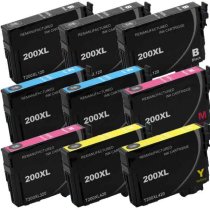 Remanufactured Set of 9 Epson 200XL Ink Cartridges: 3 Black and 2 each Cyan, Magenta and Yellow Cartridges