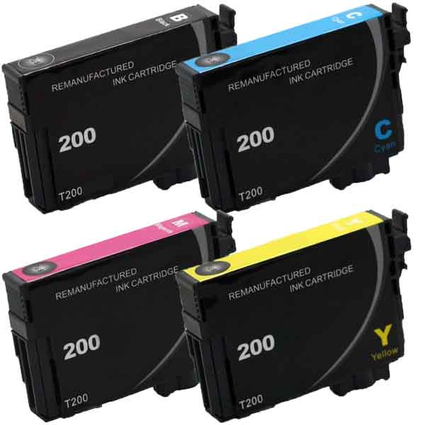 Remanufactured Set of 4 Epson 200XL Ink Cartridges: 1 each Black, Cyan, Magenta and Yellow Cartridges