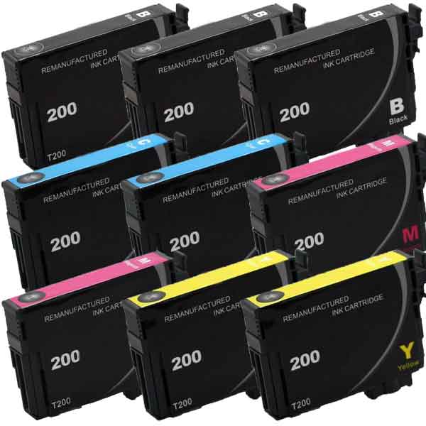 Remanufactured Set of 9 Epson 200 Ink Cartridges: 3 Black and 2 each Cyan, Magenta and Yellow Cartridges