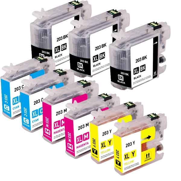 Compatible Set of 9 for Brother LC203: 3 Black and 2 each Magenta, Cyan, Yellow Cartridges