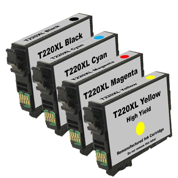 Remanufactured Set of 4 Epson 220XL Ink Cartridges: 1 each Black, Cyan, Magenta and Yellow Cartridges