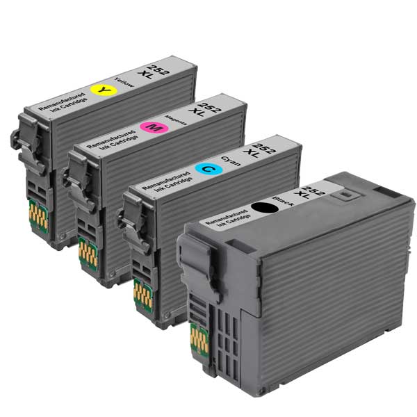 Remanufactured Set of 4 Epson T252XL Ink Cartridges: 1 each Black, Cyan, Magenta and Yellow Cartridges