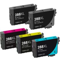 Remanufactured Set of 5 for Epson T288XL: 2 Black and 1 each Magenta, Cyan, Yellow Ink Cartridges