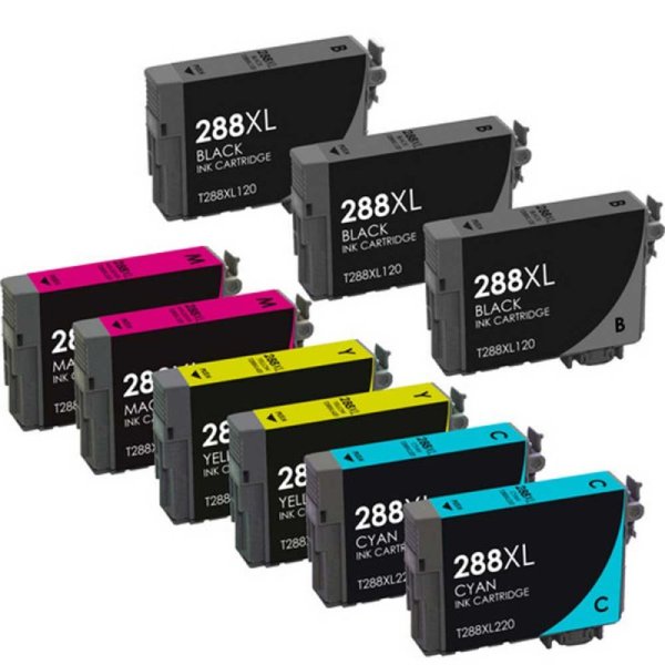 Remanufactured Set of 9 for Epson T288XL: 3 Black and 2 each Magenta, Cyan, Yellow Ink Cartridges