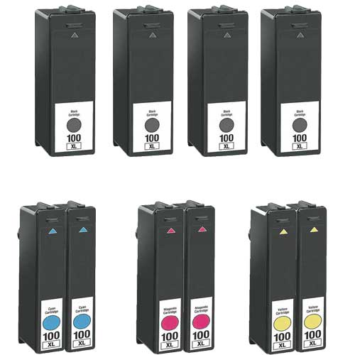 Set of 10 Compatible Lexmark 100XL Ink Cartridges - 4 Black and 2 Each Cyan, Magenta, Yellow