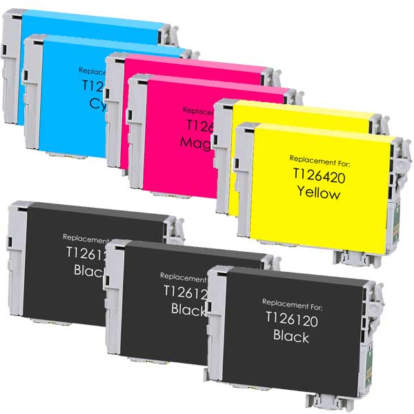 Set of 9 Remanufactured Epson T126 Ink Cartridges - 3 Black and 2 each Cyan, Magenta, Yellow