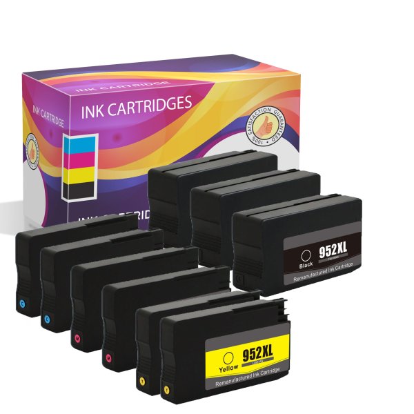 Set of 9 Remanufactured HP 952XL Ink Cartridges - 3 Black and 2 each Cyan, Magenta, Yellow