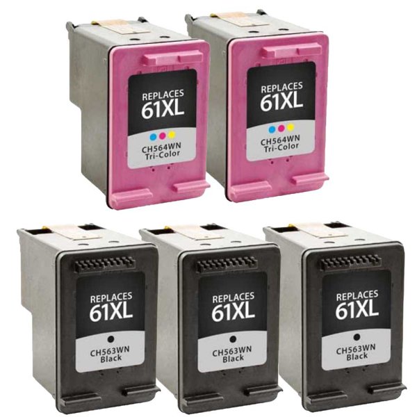 Set of 5: HP 61XL Remanufactured Ink Cartridges - 3 Black and 2 Color