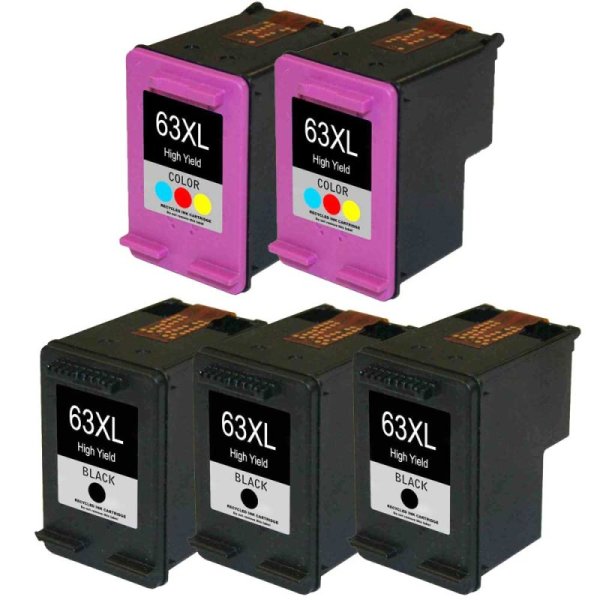 Replacement HP 63XL Combo Ink of 5 Cartridges - High Yield: 3 Black, 2 Tri-color