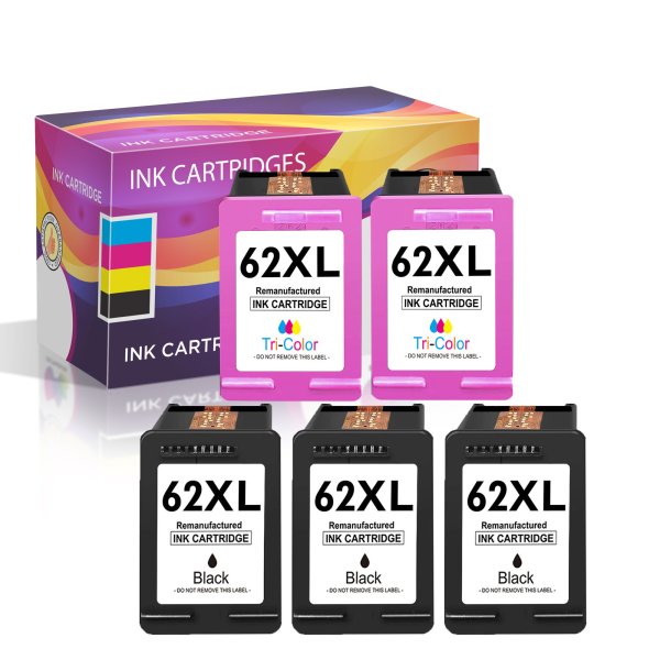 Replacement HP 62XL Combo Ink of 5 Cartridges - High Yield: 3 Black, 2 Color