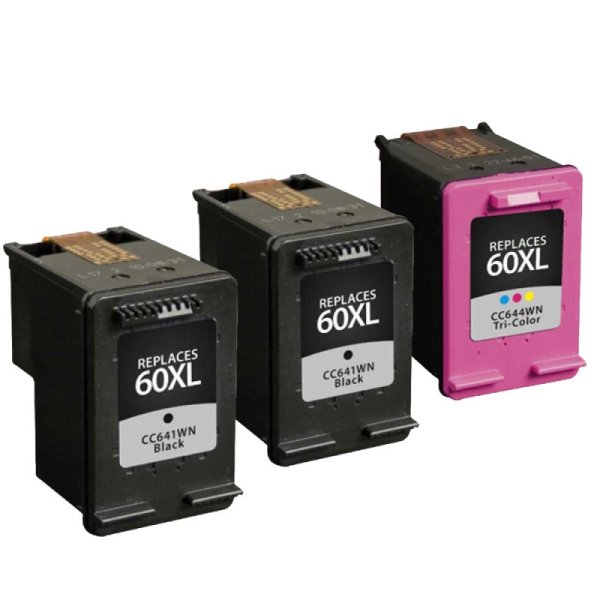 Remanufactured Set of 3 HP 60XL: 2 Black and 1 Color Cartridges