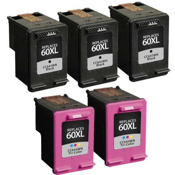 Remanufactured Set of 5 HP 60XL: 3 Black and 2 Color Cartridges