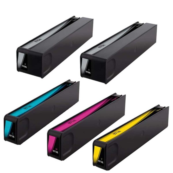 Compatible HP 970XL 971XL Set of 5 Ink Cartridges: 2 Black and 1 each Cyan, Magenta, Yellow