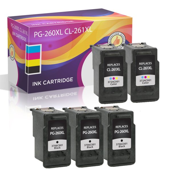 Remanufactured Canon High Yield Set of 5 Ink Cartridges: 3 Black (PG-260XL) and 2 Color (CL-261XL)