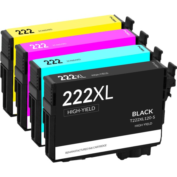 Epson 222XL Black High Yield and 222 Cyan, Magenta, Yellow Standard Yield Remanufactured Ink Cartridges - 4 Pack