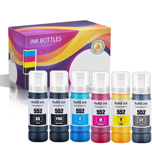 Epson 552 Black, Photo Black, Cyan, Magenta, Yellow, and Gray Compatible Ink Bottles