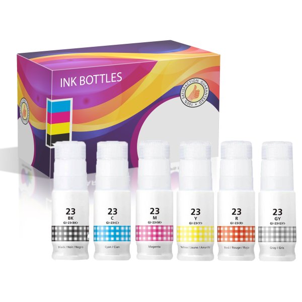 Canon GI-23 Compatible Ink Bottles - Black, Cyan, Magenta, Yellow, Red & Gray