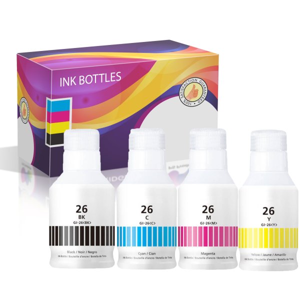 Canon GI-26 Black, Cyan, Magenta, and Yellow Compatible Ink Bottles